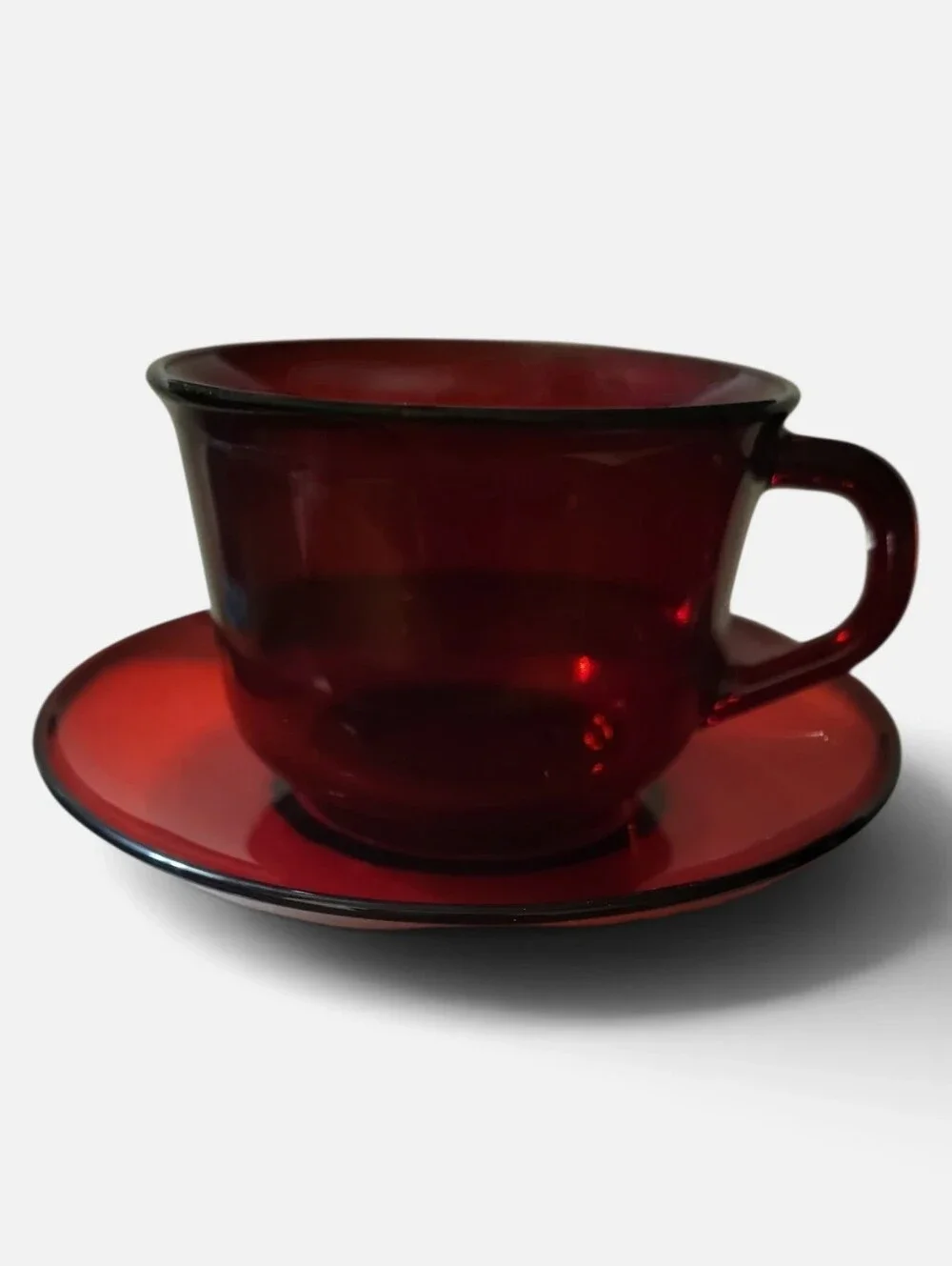 Vtg 1960s Ruby Red Glass Tea Cup & Saucer Made In France By Arcoroc
